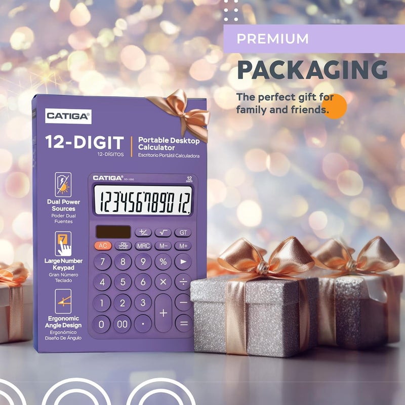 CATIGA 12 Digit Desktop Calculator Basic Desk Calculator with Large LCD Display, Big Buttons, 4 Function, Solar and Battery Dual Power, for Office, School, Home, SD-1292 Purple - Image 2